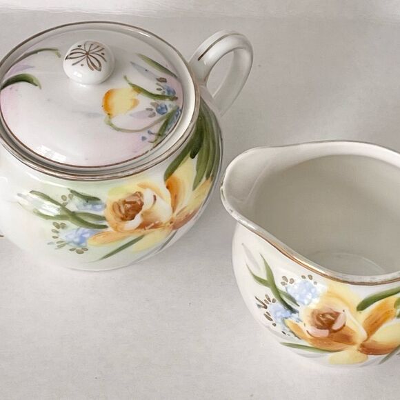 Antique Nippon Hand Painted Yellow Daffodil Creamer Lidded Sugar Set - Picture 5 of 16